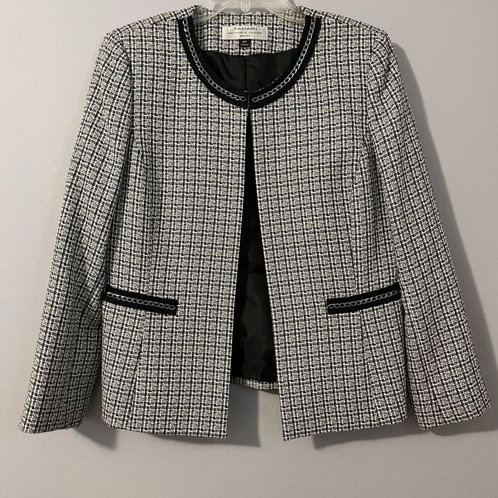 Tahari ASL Open Front Blazer Collarless Tweed Black Tan Chain Accent Size 10p